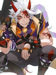 Rule 34 | 1boy, arataki itto, black pants, body markings, bracelet, club (weapon), feet out of frame, forehead, genshin impact, grin, holding, holding weapon, horns, jewelry, looking at viewer, male focus, oni, oni horns, over shoulder, pants, red eyes, red horns, simple background, smile, solo, spiked bracelet, spikes, squatting, srro yo, weapon, weapon over shoulder, white background, white hair