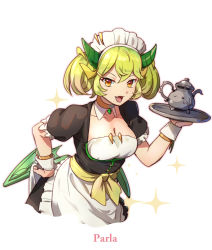 apron blonde_hair bracelet breasts character_name cleavage detached_collar dragon_girl dragon_horns dragon_wings dragonmaid_(yu-gi-oh!) dress duel_monster fang gold green_hair hair_ornament hairclip holding holding_tray horns hsin jewelry leaning_forward looking_at_viewer low_wings maid maid_apron maid_headdress medium_breasts multicolored_hair neck_ring open_mouth orange_eyes parlor_dragonmaid puffy_short_sleeves puffy_sleeves short_sleeves solo sparkle teapot tray twintails waist_apron white_apron wings wrist_cuffs yu-gi-oh!