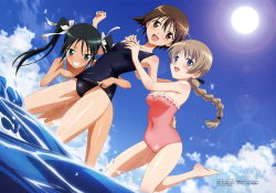 Rule 34 | 3girls, absurdres, ahoge, barefoot, black hair, blue eyes, blush, braid, brown eyes, brown hair, casual one-piece swimsuit, cloud, day, francesca lucchini, green eyes, hair ribbon, highres, leg lift, lynette bishop, megami magazine, miyafuji yoshika, multiple girls, non-web source, ocean, official art, one-piece swimsuit, open mouth, outdoors, ponytail, ribbon, sawada jouji, school swimsuit, short hair, single braid, sky, strike witches, sun, swimsuit, twintails, water, world witches series