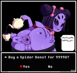 Rule 34 | 1girl, anus, arthropod girl, ass, ass grab, bent over, bow, bug, colored skin, doughnut, english text, extra eyes, fangs, food, from behind, gameplay mechanics, highres, insect girl, looking at viewer, monster girl, muffet, pink bow, presenting, presenting anus, purple hair, purple skin, pussy, short twintails, smile, speech bubble, spider, spider girl, spread anus, spread ass, tea, twintails, uncensored, undertale, waru geli, what