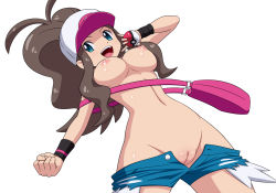 Rule 34 | 1girl, bag, blue eyes, breasts, brown hair, cleft of venus, clothes pull, creatures (company), game freak, highres, hilda (pokemon), medium breasts, nintendo, nipples, no panties, open mouth, poke ball, pokemon, pokemon bw, ponytail, pussy, short shorts, shorts, shorts pull, simple background, smile, solo, topless, uncensored, unzipped, wasabi-joyu, white background