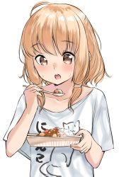 Rule 34 | 1girl, blush, brown eyes, clothes writing, collarbone, commentary request, curry, curry rice, food, hair between eyes, highres, holding, holding spoon, light brown hair, long hair, open mouth, original, rice, round teeth, shirt, short sleeves, sidelocks, simple background, solo, spoon, t-shirt, teeth, upper body, upper teeth only, white background, white shirt, yuki arare