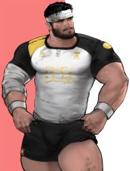 Rule 34 | 1boy, bandages, bara, beard, black shorts, bulge, clothes pull, dirty, dirty clothes, dirty face, dopey (dopq), facial hair, hands on own hips, headband, highres, large pectorals, looking to the side, male focus, mature male, muscular, muscular male, mustache, original, pectorals, pulling own clothes, rugby uniform, shirt, short hair, short shorts, shorts, shorts pull, solo, sportswear, thick eyebrows, thick thighs, thighs, white shirt