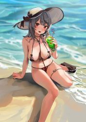 Rule 34 | 1girl, :d, absurdres, beach, bikini, black bikini, black choker, blush, bow, braid, breasts, choker, cream, cup, day, drinking glass, drinking straw, fang, foot out of frame, grey hair, hair ornament, hairclip, hat, hat bow, heart, highres, holding, holding cup, hololive, large breasts, looking at viewer, micro bikini, mismatched bikini, nail polish, navel, open mouth, outdoors, red bikini, red eyes, red nails, sakamata chloe, sand, sandals, single braid, sitting, smile, solo, stomach, sun hat, swimsuit, thigh strap, thighs, toenail polish, toenails, urokong, virtual youtuber, water, wet, wet hair, x hair ornament