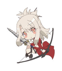 Rule 34 | 1girl, arrow (projectile), blonde hair, blush, boots, bow (weapon), chibi, closed mouth, fate/kaleid liner prisma illya, fate (series), full body, hair between eyes, holding, holding arrow, holding bow (weapon), holding weapon, illyasviel von einzbern, long hair, long sleeves, looking at viewer, midriff, official art, sidelocks, simple background, sitting, solo, weapon, white background