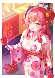 Rule 34 | 1girl, absurdres, ahoge, alternate costume, candy apple, cat, floral print, food, food stand, green eyes, hair ornament, hair over shoulder, hairclip, highres, hololive, japanese clothes, kintoki (sakura miko), mask, mask on head, nyan (reinyan 007), pink hair, sakura miko, virtual youtuber, x hair ornament