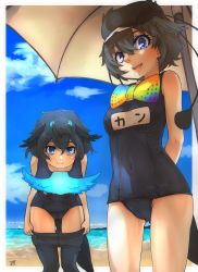 Rule 34 | 2girls, :d, arms behind back, bad id, bad pixiv id, beach, beach umbrella, bird tail, black hair, black headwear, black legwear, black one-piece swimsuit, blue eyes, blue sky, bow, bowtie, clothes pull, cloud, commentary request, covered navel, day, gluteal fold, hair between eyes, hat, head wings, highres, kemono friends, leaning forward, looking at viewer, multiple girls, name tag, one-piece swimsuit, open mouth, outdoors, pantyhose, pantyhose pull, rainbow neckwear, school swimsuit, sky, smile, superb bird-of-paradise (kemono friends), swimsuit, tail, thin (suzuneya), umbrella, western parotia (kemono friends), wings