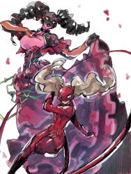 Rule 34 | 10s, 2girls, black hair, blonde hair, blue eyes, bodysuit, carmen (persona 5), colored skin, curls, drill hair, highres, light background, long hair, looking at viewer, mask, multiple girls, panther (persona 5), persona, persona 5, pink skin, simple background, takamaki anne, twin drills, twintails, weapon, whip, white background, yellow eyes