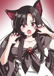 Rule 34 | 1girl, animal ears, blush, brooch, brown hair, collarbone, dress, fang, fingernails, highres, imaizumi kagerou, jewelry, kabi killer, long fingernails, long hair, looking at viewer, nail polish, open mouth, red eyes, red nails, sharp fingernails, short sleeves, solo, touhou, white dress, wolf ears