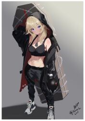 Rule 34 | 1girl, abs, armored gloves, belt, black coat, black gloves, black pants, black pantyhose, blonde hair, blue eyes, blush, breasts, chain, cleavage, coat, coffin, dog tags, gloves, goddess of victory: nikke, grave (nikke), holding, hood, hood up, hooded coat, long hair, medium breasts, melissa 2.0, pants, pantyhose, red coat, shoes, signature, sneakers, solo, toned, two-sided coat, two-sided fabric, white gloves