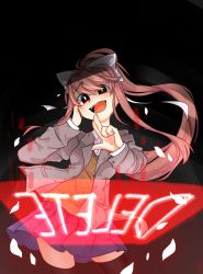 Rule 34 | 1girl, bad id, bad twitter id, black background, black thighhighs, blazer, blue skirt, bow, bright pupils, brown hair, brown jacket, cowboy shot, doki doki literature club, hair bow, hair ribbon, hand on own cheek, hand on own face, highres, jacket, monika (doki doki literature club), open mouth, ponytail, ribbon, shaded face, simple background, skirt, spoilers, standing, thighhighs, white bow, white ribbon
