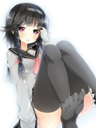 Rule 34 | 1girl, black hair, black thighhighs, blush, braid, feet, hair ornament, hair ribbon, hairband, hairclip, hand in own hair, highres, kakao (chocolate land), knees together feet apart, long hair, long sleeves, looking at viewer, neckerchief, no shoes, open mouth, original, pleated skirt, purple eyes, ribbon, school uniform, serafuku, short hair, short hair with long locks, simple background, skirt, sleeves past wrists, soles, solo, spread toes, thighhighs, toes, twin braids, white background