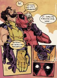 2boys artist_name beard bodysuit deadpool deadpool_&amp;_wolverine deadpool_(series) dog dogpool english_text facial_hair flyingrotten gloves hand_grab hashtag-only_commentary highres male_focus marvel mature_male multiple_boys muscular red_bodysuit red_mask short_hair sleeveless speech_bubble superhero_costume surprised two-tone_bodysuit wolverine_(x-men) x-men yaoi yellow_bodysuit