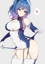 Rule 34 | 1girl, ahoge, argyle, argyle clothes, argyle cutout, azur lane, bare shoulders, blue gloves, blue hair, blush, breasts, buttons, cleavage, closed mouth, clothes lift, clothes pull, clothing cutout, dress, dress lift, dress pull, elbow gloves, garter straps, gloves, grey background, hair ornament, heart, highres, large breasts, licking lips, long hair, looking at viewer, ponytail, purple eyes, shirasu uni, sidelocks, simple background, smile, solo, spoken heart, st. louis (azur lane), taut clothes, taut dress, thighhighs, thighs, tongue, tongue out, underboob cutout, white thighhighs