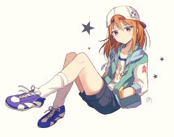 Rule 34 | 1girl, backwards hat, bad id, bad pixiv id, baseball cap, blue shorts, brown eyes, closed mouth, clothes writing, full body, hair between eyes, hands in pockets, hat, hood, hood down, hoodie, ichiren namiro, idolmaster, idolmaster cinderella girls, invisible chair, long sleeves, looking at viewer, open clothes, open hoodie, orange hair, purple footwear, shirt, shoes, shorts, signature, simple background, sitting, sneakers, socks, solo, star (symbol), white background, white shirt, white socks, yuuki haru