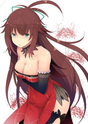 Rule 34 | 1girl, :o, aqua eyes, bare shoulders, breast hold, breasts, brown hair, cleavage, collar, collarbone, dress, elbow gloves, flower, gloves, hair ribbon, large breasts, original, red dress, ribbon, solo, strapless, strapless dress, sts, thighs