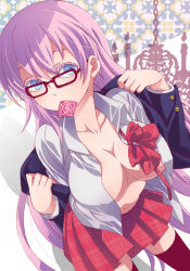 Rule 34 | 1girl, bad id, bad pixiv id, bespectacled, black-framed eyewear, black thighhighs, blazer, blue eyes, bow, bowtie, breasts, buttons, candle, chain, chandelier, cleavage, collared shirt, colored eyelashes, condom, condom in mouth, condom wrapper, covered erect nipples, cowboy shot, dutch angle, from above, fukagawa kazumi, glasses, jacket, large breasts, ldbkty, light purple hair, long hair, long sleeves, looking at viewer, megurine luka, mouth hold, navel, no bra, open clothes, open jacket, open shirt, pink hair, plaid, plaid skirt, pleated skirt, school uniform, shadow, shirt, silhouette, skirt, solo, thighhighs, unbuttoned, undressing, untied, very long hair, vocaloid, zettai ryouiki