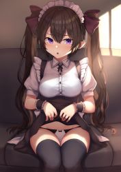 Rule 34 | 1girl, :o, alternate costume, apron, black thighhighs, bow, bow panties, breasts, brown hair, clothes lift, couch, dress, dress lift, enmaided, hair ribbon, highres, himekaidou hatate, indoors, lifting own clothes, long hair, looking at viewer, maid, maid apron, maid headdress, medium breasts, panties, pointy ears, puffy short sleeves, puffy sleeves, purple eyes, purple ribbon, ribbon, short sleeves, sitting, skirt, solo, suspender skirt, suspenders, thighhighs, touhou, twintails, underwear, white panties, wowoguni, wrist cuffs