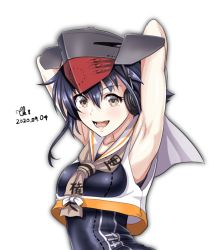 Rule 34 | 1girl, armpits, arms behind head, arms up, asymmetrical hair, black hair, black one-piece swimsuit, brown eyes, brown neckerchief, commentary request, framed breasts, hair between eyes, hat, headphones, i-14 (kancolle), kantai collection, neckerchief, one-piece swimsuit, open mouth, sailor collar, school swimsuit, shirt, short hair, simple background, smile, solo, swimsuit, teeth, tk8d32, upper body, white background, white sailor collar