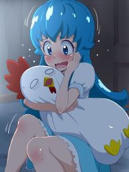 Rule 34 | 10s, 1girl, blue dress, blue eyes, blue hair, blush, dress, eyelashes, happinesscharge precure!, long hair, matching hair/eyes, open mouth, precure, shirayuki hime, sitting, solo, tj-type1