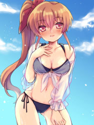 Rule 34 | 1girl, bikini, black bikini, blue sky, blush, brown hair, chonkoo, cloud, commentary, cowboy shot, day, front-tie top, hair ribbon, hand on own chest, iris (nanoha), long hair, long sleeves, looking at viewer, lyrical nanoha, mahou shoujo lyrical nanoha reflection, medium hair, navel, o-ring, o-ring bikini, open mouth, outdoors, red eyes, red ribbon, ribbon, see-through, side-tie bikini bottom, side ponytail, sky, smile, solo, standing, swimsuit, swimsuit cover-up, wet