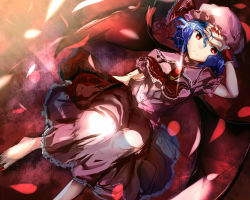 Rule 34 | 1girl, ascot, barefoot, bat wings, blue hair, brooch, dress, hat, hat ribbon, hizagawa rau, jewelry, looking at viewer, lying, mob cap, on back, pink dress, puffy short sleeves, puffy sleeves, red eyes, remilia scarlet, ribbon, short sleeves, solo, touhou, wings, wrist cuffs