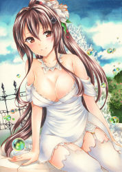 Rule 34 | 1girl, alternate costume, blush, breasts, brown eyes, brown hair, dress, flower, fountain, garter straps, hair flower, hair ornament, highres, kantai collection, large breasts, long hair, marker (medium), outdoors, ponytail, saya pr, sidelocks, sitting, sky, smile, solo, thighhighs, traditional media, wedding dress, white dress, white flower, white thighhighs, yamato (kancolle)