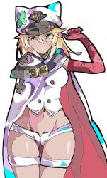 Rule 34 | 1girl, bandaged arm, bandages, belt, belt buckle, black belt, blonde hair, blouse, breasts, buckle, buttons, cape, clover, cowboy shot, dark-skinned female, dark skin, enpe, four-leaf clover, gluteal fold, groin, guilty gear, guilty gear strive, hair between eyes, hat, hat with ears, highres, long hair, looking at viewer, medium breasts, micro shorts, navel, open fly, ramlethal valentine, shirt, shorts, simple background, sleeveless, sleeveless shirt, solo, stomach, thigh gap, thigh strap, thighs, white background, white cape, white hat, white shirt, white shorts, yellow eyes
