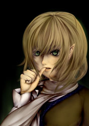 Rule 34 | 1girl, aura, biting, biting own thumb, black background, blonde hair, blood, face, female focus, green eyes, highres, lips, looking away, lucia (artist), mizuhashi parsee, pointy ears, scarf, short hair, solo, teeth, biting own thumb, touhou