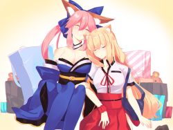 Rule 34 | 2girls, animal ears, bag, bare shoulders, blonde hair, blue bow, blue kimono, blue legwear, blush, bow, breasts, cleavage, closed mouth, commentary request, detached collar, detached sleeves, closed eyes, fate/grand order, fate (series), fox ears, hair bow, high-waist skirt, highres, japanese clothes, kimono, large breasts, long hair, multiple girls, necktie, nyokichi (nyokitto!), obi, parted lips, pink hair, red neckwear, red scrunchie, red skirt, sash, scrunchie, shirt, short sleeves, siblings, side-by-side, sisters, skirt, sleeping, stuffed animal, stuffed toy, suzuka gozen (fate), tamamo (fate), tamamo no mae (fate/extra), teddy bear, thighhighs, very long hair, white shirt, wrist scrunchie
