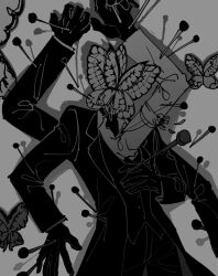 Rule 34 | 1boy, absurdres, animal head, armband, arms up, bug, butterfly, coat, collared shirt, extra arms, funeral of the dead butterflies, greyscale, highres, insect, insect pin, lobotomy corporation, maskv, monochrome, nail, pants, project moon, shirt, solo, vest