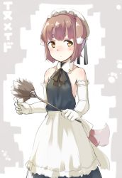 Rule 34 | 1girl, :/, animal ears, apron, bare shoulders, black ribbon, blush, brown eyes, brown hair, closed mouth, detached collar, dog ears, dog tail, dress, duster, elbow gloves, eyebrows, feather duster, gloves, hat, highres, holding, maid, neck ribbon, nose blush, original, ribbon, short hair, sketch, sleeveless, sleeveless dress, solo, tail, thick eyebrows, u (mikaduki0720), waist apron, white gloves, white hat