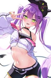 Rule 34 | 1girl, absurdres, bare shoulders, baseball cap, belt, black choker, black hat, black shorts, black tank top, blurry, blurry background, blush, blush stickers, breasts, center-flap bangs, choker, commentary, contrapposto, crop top, cropped jacket, demon tail, depth of field, double-parted bangs, ear piercing, earrings, fake horns, gradient hair, green eyes, groin, hair between eyes, hair ornament, hairclip, hat, highres, hololive, horned headwear, horns, jacket, jewelry, long hair, long sleeves, looking at viewer, midriff, multicolored hair, multiple piercings, narrow waist, navel, navel piercing, o-ring, o-ring choker, off shoulder, open mouth, osechi (pixiv56606477), piercing, pink hair, purple hair, short shorts, shorts, sidelocks, simple background, small breasts, smile, solo, spike piercing, stomach, sweat, symbol-only commentary, tail, tail ornament, tail piercing, tank top, tokoyami towa, tokoyami towa (1st costume), twintails, v, v-shaped eyebrows, v over eye, very long hair, very sweaty, virtual youtuber, white background, white belt, white jacket, wide hips