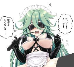Rule 34 | 1girl, apron, black footwear, black gloves, blush, braid, breasts, commentary request, covered erect nipples, dated, dominatrix, elbow gloves, furrowed brow, gloves, green hair, hair between eyes, holding, holding riding crop, kantai collection, large breasts, latex, long hair, maid, maid apron, maid headdress, open mouth, revealing clothes, riding crop, side braids, signature, simple background, solo, speech bubble, sweat, tk8d32, translation request, underbust, upper body, waist apron, wavy mouth, white background, yamakaze (kancolle)