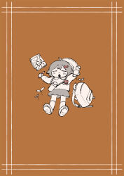 Rule 34 | 1girl, ahoge, arm up, backpack, bag, blush, border, bottle, bow, child, child&#039;s drawing, closed eyes, commentary, english commentary, facing viewer, full body, hair bow, hat on back, holding, holding pencil, long sleeves, lying, mamei mema, medium hair, miniskirt, name tag, on back, on ground, open mouth, original, outdoors, pencil, plant, red bow, shirt, shoes, simple background, skirt, socks, solo, sun, unworn backpack, unworn bag, water bottle