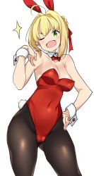 Rule 34 | ahoge, animal ears, bare shoulders, black pantyhose, blonde hair, bow, bowtie, braid, breasts, buta-don, cleavage, commentary request, contrapposto, covered navel, cowboy shot, detached collar, fake animal ears, fake tail, fate/grand order, fate (series), french braid, gluteal fold, green eyes, hair intakes, hair ribbon, highleg, highleg leotard, highres, leotard, medium breasts, medium hair, nero claudius (fate), nero claudius (fate) (all), one eye closed, open mouth, pantyhose, playboy bunny, rabbit ears, rabbit tail, red bow, red bowtie, red leotard, ribbon, simple background, standing, strapless, strapless leotard, tail, traditional bowtie, v-shaped eyebrows, white background, wing collar, wrist cuffs