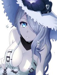 Rule 34 | 10s, 1girl, abyssal ship, blue eyes, breasts, bubble, cleavage, colored skin, dress, flower, hair over one eye, hat, hat flower, highres, kantai collection, large breasts, long hair, seaport summer princess, solo, white background, white dress, white hair, white skin, wintersteam