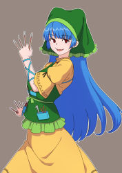 Rule 34 | 1girl, :d, apron, between fingers, blue hair, brown background, from side, green apron, green headwear, green scarf, haniyasushin keiki, highres, holding, kakone, long hair, looking at viewer, one-hour drawing challenge, open mouth, red eyes, scarf, short sleeves, simple background, single strap, smile, solo, touhou, wood carving tool