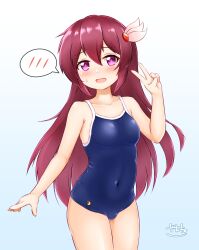 Rule 34 | 1girl, blue background, blue one-piece swimsuit, blush, breasts, brown hair, collarbone, cowboy shot, crescent, crescent pin, gradient background, hair between eyes, hair ornament, highres, kantai collection, kisaragi (kancolle), long hair, looking at viewer, one-piece swimsuit, open mouth, purple eyes, school swimsuit, small breasts, smile, solo, swimsuit, zanne