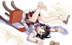 Rule 34 | 1girl, :d, bad id, bad twitter id, barefoot, black hair, bow, chair, dated, dress, fallen down, feet, horns, kijin seija, multicolored hair, on floor, oniku (o ni q), open mouth, puffy sleeves, red eyes, red hair, shoes, short hair, short sleeves, single shoe, smile, solo, touhou, twitter username, upside-down, white hair, wrist cuffs