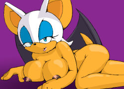 Rule 34 | animal ears, apostle, bat wings, blue eyes, breasts, furry, large breasts, lipstick, looking at viewer, lying, makeup, naughty face, nipples, nude, rouge the bat, sonic (series), tail, wings