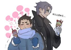 Rule 34 | 2boys, ace attorney, alternate costume, barok van zieks, black hair, blue scarf, blush, brown hair, closed eyes, closed mouth, coat, eating, food, gloves, highres, holding, ice cream, jacket, long sleeves, looking at object, male focus, mittens, multiple boys, noko (ymd 0260), ryunosuke naruhodo, scarf, short hair, simple background, sweatdrop, sweater, the great ace attorney, turtleneck, turtleneck sweater, upper body, white gloves