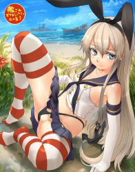 Rule 34 | 10s, 1girl, absurdres, akasaai, anchor, anchor hair ornament, animal ears, battleship, beach, black panties, blonde hair, blue eyes, blush, day, elbow gloves, fake animal ears, fang, gloves, hair ornament, highres, kantai collection, long hair, military, military vehicle, ocean, open mouth, panties, personification, rabbit ears, shimakaze (kancolle), shiny skin, ship, sitting, skirt, solo, striped clothes, striped thighhighs, thighhighs, underwear, undressing, very long hair, warship, watercraft
