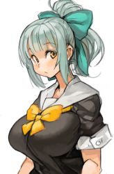 Rule 34 | 10s, 1girl, alternate breast size, blush, bow, breasts, green hair, hair bow, kantai collection, large breasts, long sleeves, ponytail, sachito, school uniform, serafuku, short hair, simple background, solo, upper body, white background, yellow eyes, yuubari (kancolle)