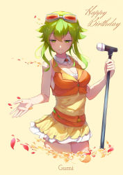 Rule 34 | 1girl, apron, bare arms, bare shoulders, breasts, character name, cleavage, cowboy shot, cursive, detached collar, donggua bing cha, dress, goggles, goggles on head, green eyes, green hair, gumi, hair between eyes, half-closed eyes, happy birthday, highres, legs together, long hair, medium breasts, microphone, microphone stand, petals, short dress, smile, solo, vocaloid, waist apron, yellow dress