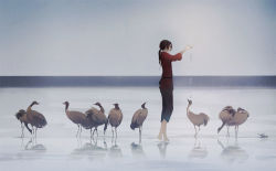Rule 34 | 1boy, androgynous, animal, arm up, axis powers hetalia, barefoot, bird, china (hetalia), crane (animal), closed eyes, male focus, ocean, outstretched arm, pants, ponytail, reflection, short hair, signature, sky, solo, teen123, wading, water