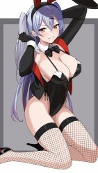 Rule 34 | 1girl, animal ears, arm up, black footwear, black gloves, black jacket, black leotard, blush, bow, bowtie, breasts, cleavage, cropped jacket, detached collar, ear piercing, fake animal ears, fishnet thighhighs, fishnets, gloves, grin, groin, hair ornament, hairclip, halterneck, high heels, highleg, highleg leotard, highres, jacket, kneeling, large breasts, leotard, long hair, long sleeves, looking at viewer, mole, mole on breast, no bra, no panties, off shoulder, open clothes, open jacket, original, piercing, playboy bunny, rabbit ears, red eyes, revision, silver hair, smile, spaghetti strap, sukebewe, thighhighs, thighs, two side up, v-shaped eyebrows, very long hair