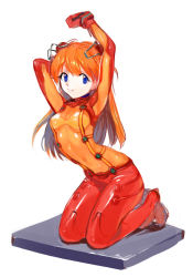 Rule 34 | 00s, 1girl, arms up, bad id, bad pixiv id, blue eyes, bodysuit, evangelion: 2.0 you can (not) advance, full body, hair ornament, interface headset, kneeling, kuzuvine, long hair, looking at viewer, multicolored clothes, neon genesis evangelion, orange hair, pale skin, plugsuit, rebuild of evangelion, red bodysuit, see-through, see-through bodysuit, shiny clothes, smile, souryuu asuka langley, stretching, test plugsuit, very long hair, white background, wide hips