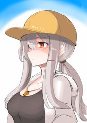 Rule 34 | 10eki (tenchou), 1girl, alternate costume, alternate hairstyle, black shirt, breasts, closed mouth, facial scar, gangut (kancolle), grey hair, hair between eyes, hair ornament, hairclip, hat, jacket, kantai collection, medium breasts, one-hour drawing challenge, open clothes, open jacket, peaked cap, ponytail, red eyes, scar, scar on cheek, scar on face, shirt, solo, upper body, whistle, white jacket