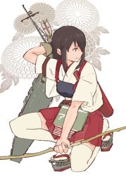 Rule 34 | 10s, 1girl, akagi (kancolle), arm behind head, arrow (projectile), bow (weapon), brown eyes, brown hair, female focus, flight deck, floral background, gloves, hakama, hakama short skirt, hakama skirt, holding, japanese clothes, kantai collection, long hair, looking back, muneate, on one knee, partially fingerless gloves, partly fingerless gloves, quiver, red skirt, shoes, skirt, solo, thighhighs, weapon, white background, white thighhighs, yanami (yanayana company), yugake